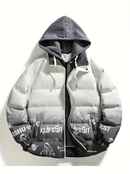 LUXENFY Printed Snow Mountain Hooded Puffer Jacket