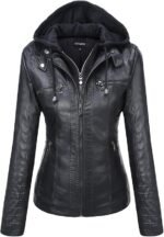 Womens Faux Leather Jacket Hooded Moto Biker Coat