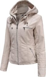 Women Faux Leather Jacket with Removable Hood