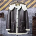 B3 Bomber Jacket Hooded Leather Jacket Shearling Coat Mens Brown